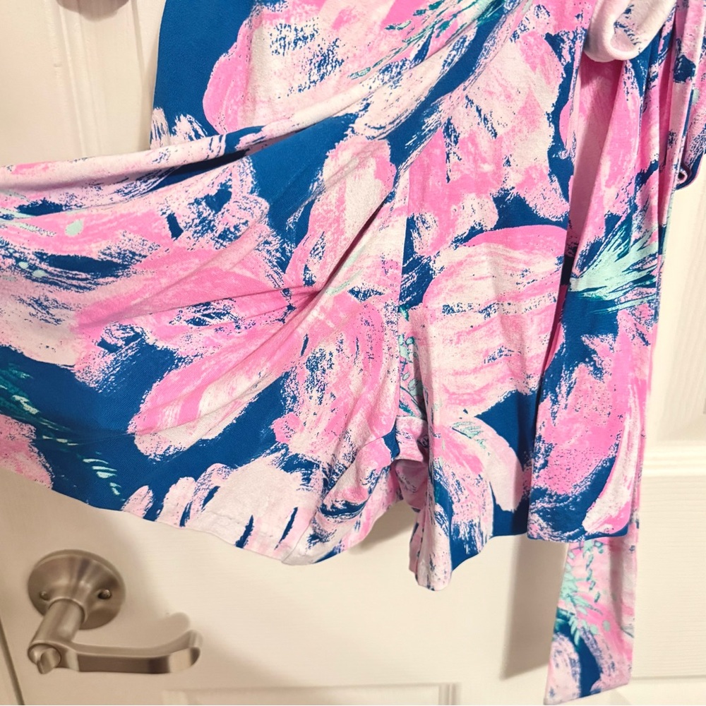 Lilly Pulitzer Pink and Blue Floral Karlie Wrap Romper Small - Picture 4 of 8